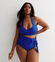 New Look Curves Bright Blue Animal Print Halter Neck Bikini Top